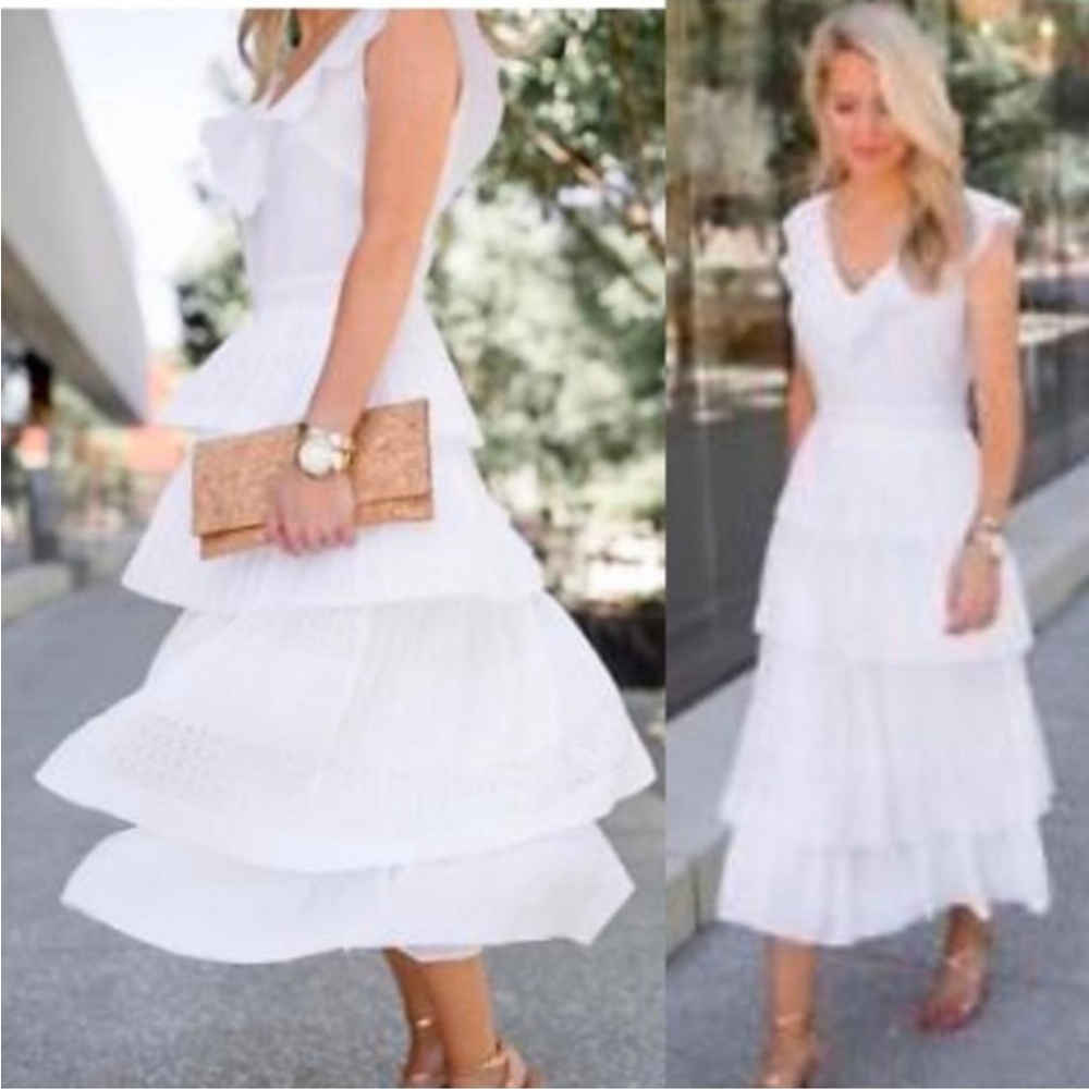 Banana Republic White Laser Cut Ruffle Tier Midi Dress Women's 2 - Picture 2 of 16